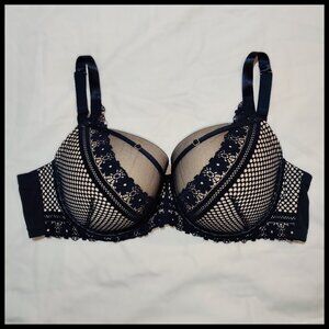 Cacique Fishnet Boost Balconette Bra - Push-Up - Underwire - Black / Nude - 42DD